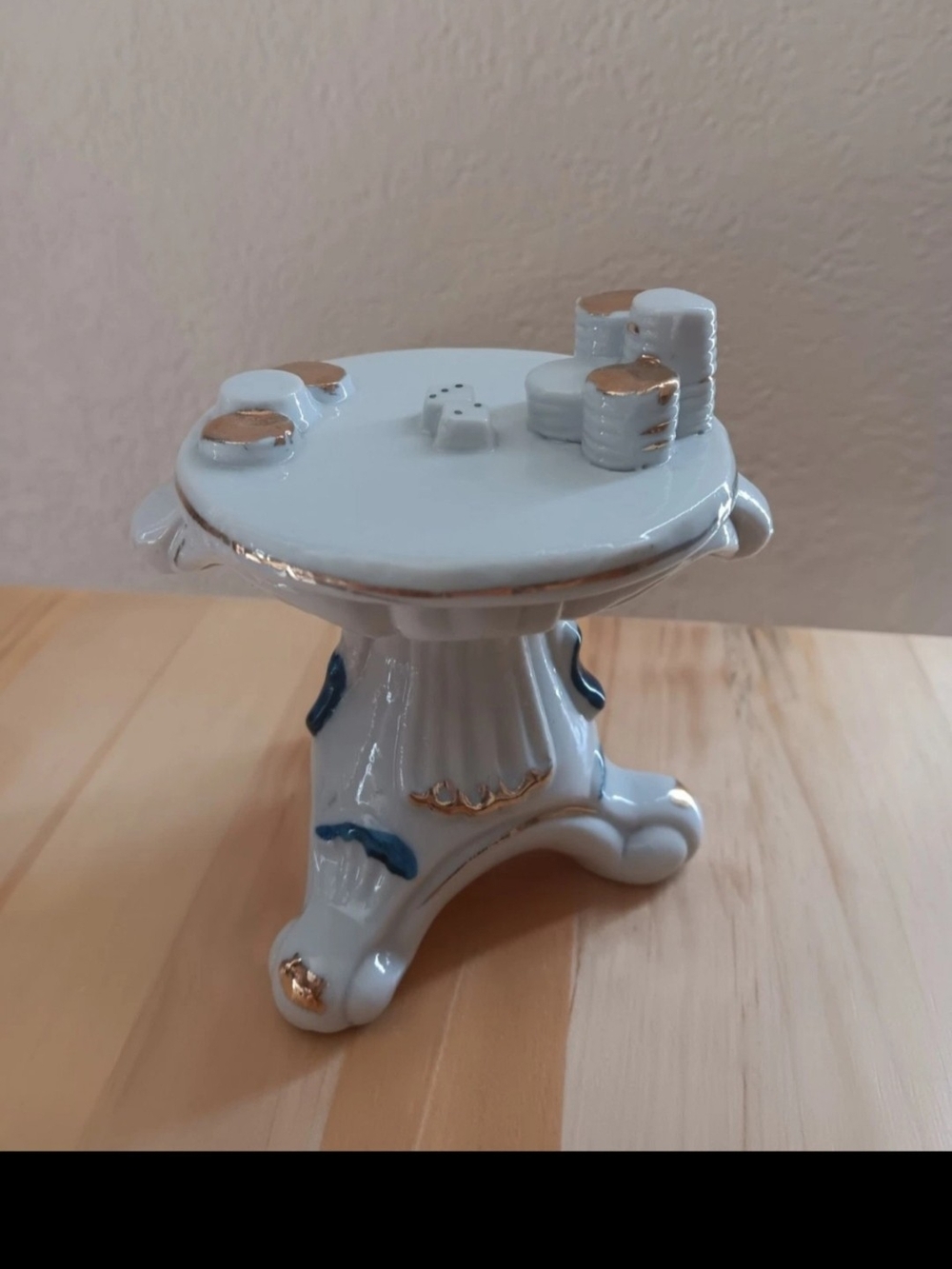 Vintage German Porcelain Poker Card Gambling Small Table, Dice, Chips Gold Trim